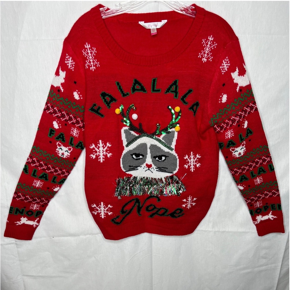 No Boundaries Womens Ugly Christmas‎ Sweater Grumpy Cat "Nope" Red L/G 11-13